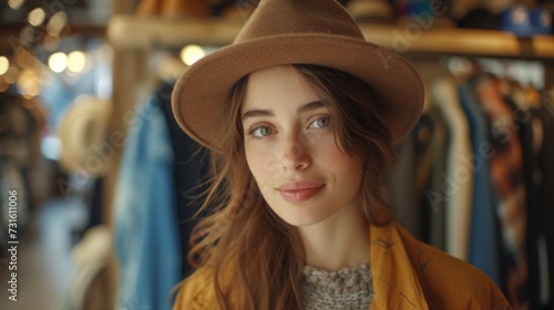 Casual young woman with hat browsing in a boutique clothing store