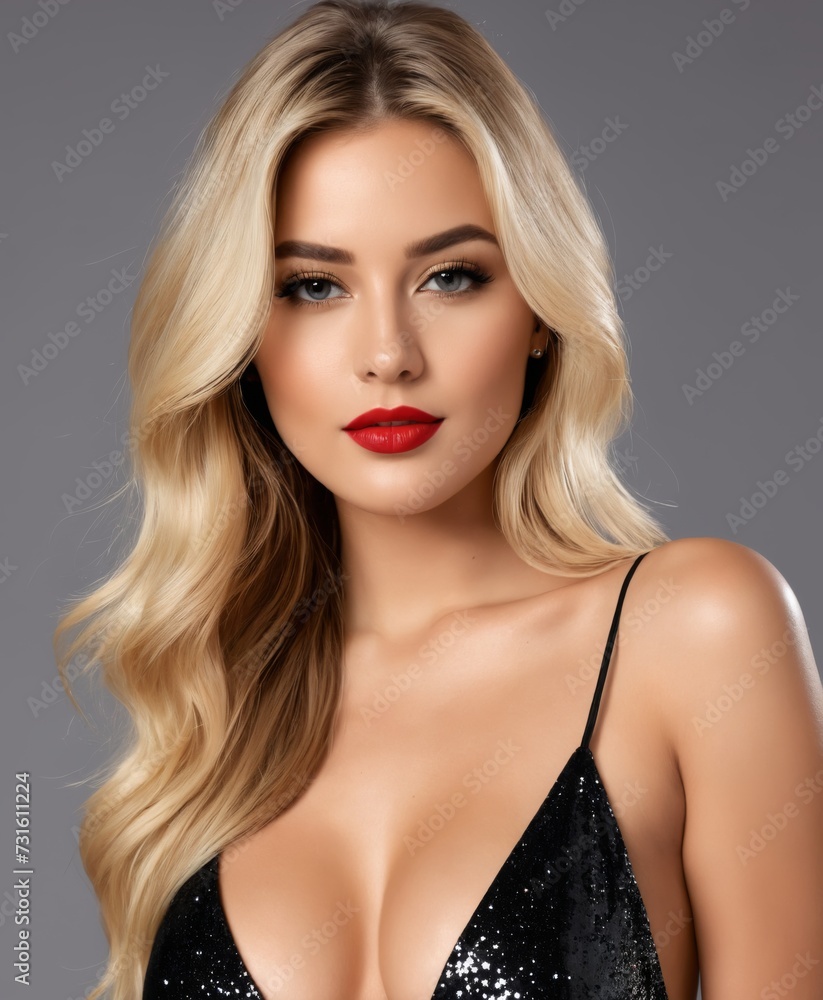 a woman in a black dress with a halter top and red lipstick 