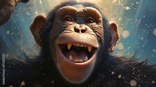 Close-up selfie portrait of a zany chimpanzee photo