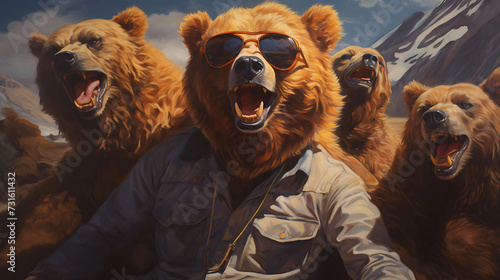 selfie portrait of a chuckle of bears wearing sunglasses.