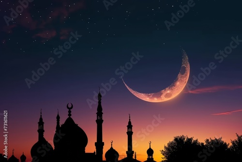 Silhouette crescent and mosque seen over silhouetted moon, mosque silhouettes picture