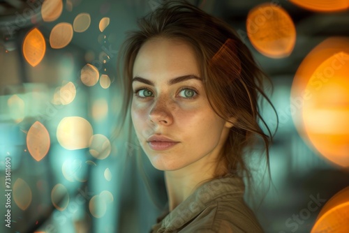 Portrait of a woman with soft bokeh lights highlighting her features