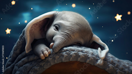 Cute Little baby Elephant animal in a sleeping hat sleeps soundly in the full moon  starry sky and clear night sky created with Generative AI Technology