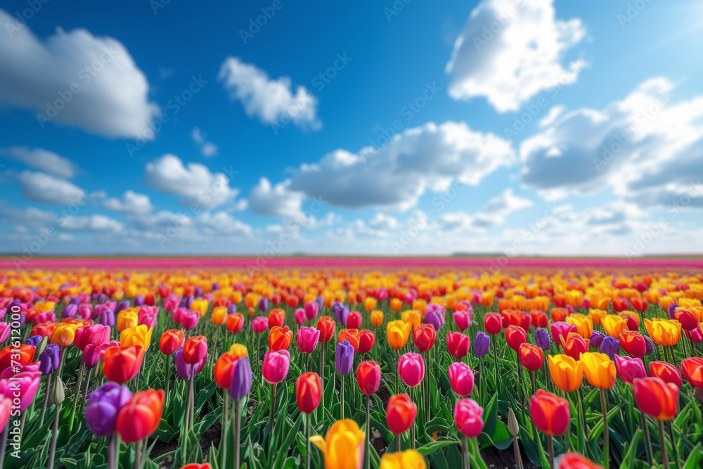 A vibrant field of tulips stretching endlessly under the clear blue sky, creating a colorful tapestry of nature's wonders. Concept of floral abundance. Generative Ai.