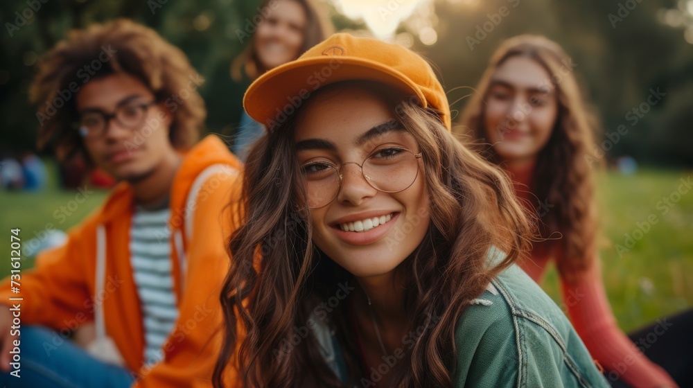 Obraz premium Vibrant Gen Z Friends Bonding in a City Park at Sunset