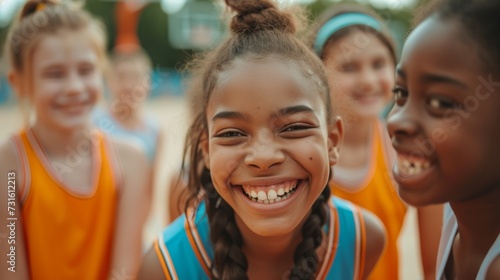 A group of happy young female athletes in basketball uniforms, smiling and enjoying their team spirit during a training session