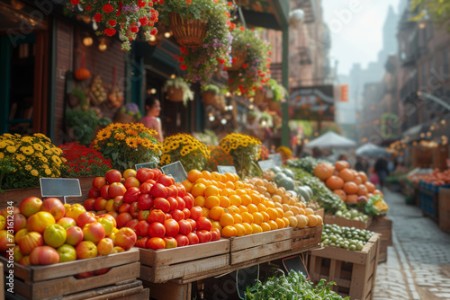 A bustling farmers' market filled with fresh produce, flowers, and local goods, showcasing the abundance of seasonal offerings. Concept of community commerce. Generative Ai.
