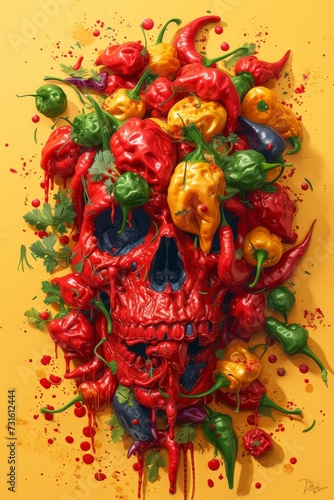 Vivid illustration of a skull made from colorful chili peppers