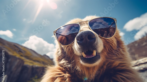 Close-up selfie portrait of an amusing bear wearing sunglasses © Dennis