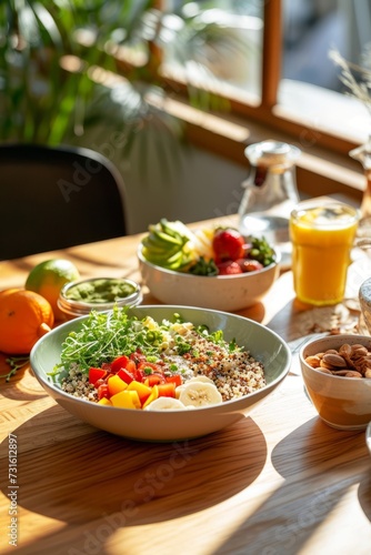 Sunny kitchen setting with a nutritious bowl of quinoa salad and fresh juice