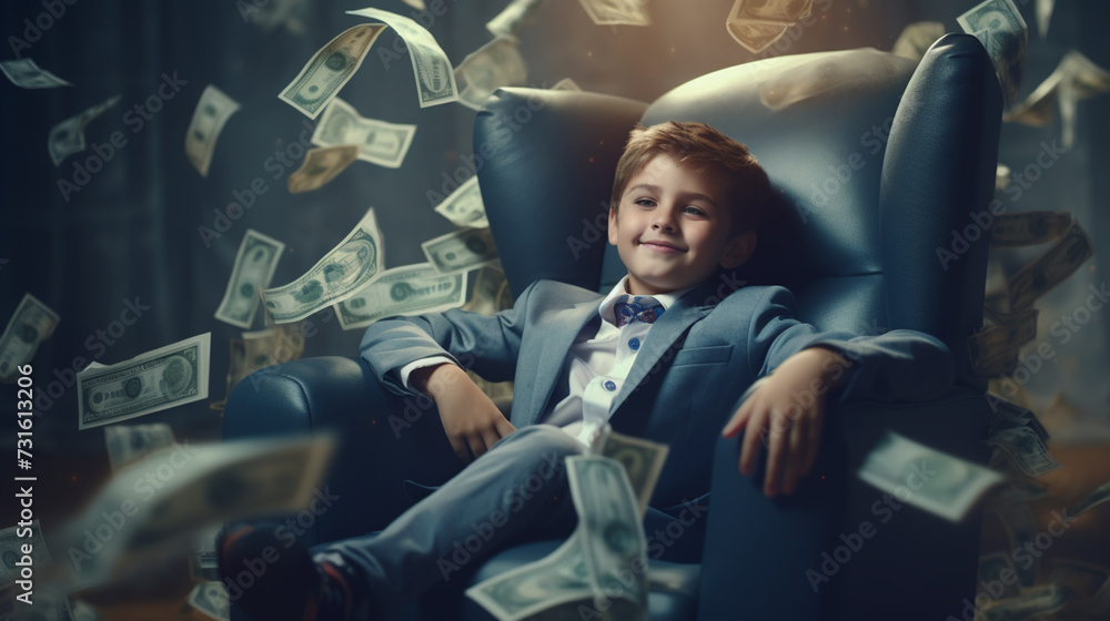 A rich boy on a chair and holds a bundle of dollars in his hands. Knowing how to make money. Money rain - obrazy, fototapety, plakaty 