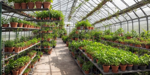 A greenhouse with rows of plants, including lettuce and possibly kale.