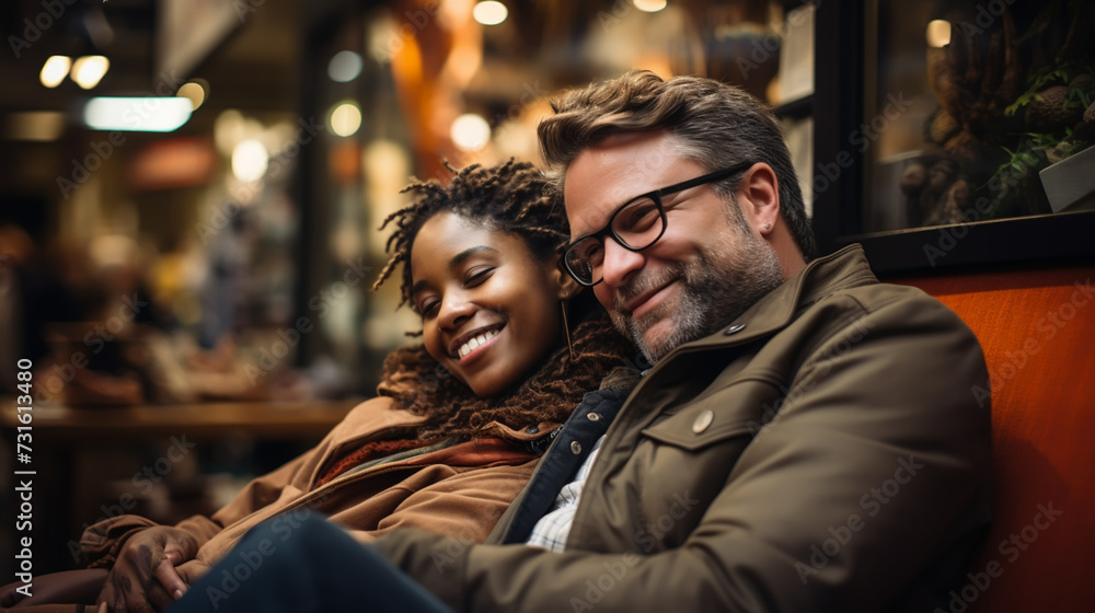 literature cafe with man and cute girl. interracial couple in library. student life in university. date or meeting literature cafe with man and cute girl. interracial couple in library. student life in university. date or meeting