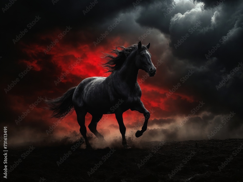 Running horse in the night field