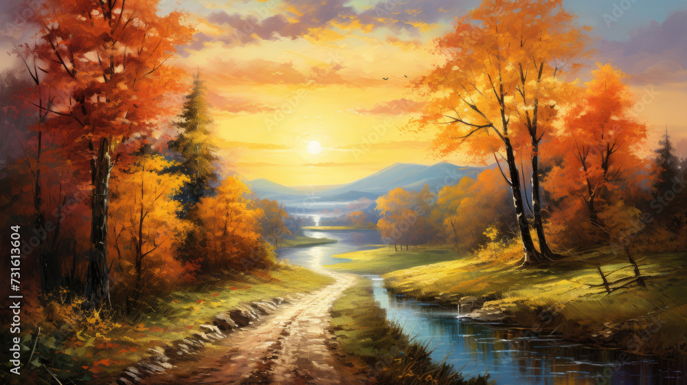 autumn road with river view and pastoral landscape in the countryside at summer morning sunset in bright orange and dark emerald style art created with Generative AI Technology