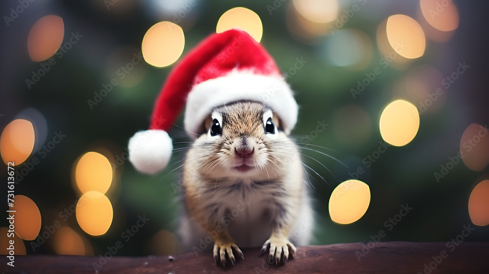 Portrait of a chipmunk in Santa hat. Christmas background. Portrait of a chipmunk in Santa hat. Christmas background.