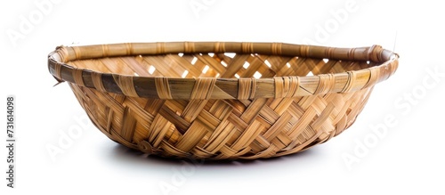 Wooden bamboo basket on white background, with work path for isolation.
