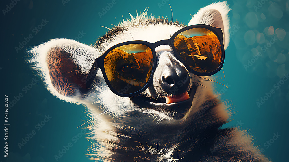 portrait of a gleeful lemur wearing sunglasses