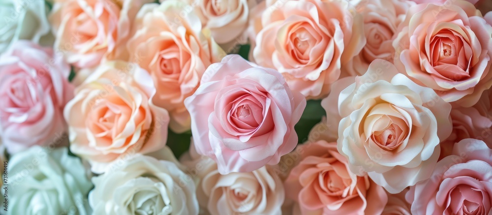 Pastel-colored artificial roses arranged in a bouquet. A top-down perspective. Pastel-colored artificial roses arranged in a bouquet. A top-down perspective.