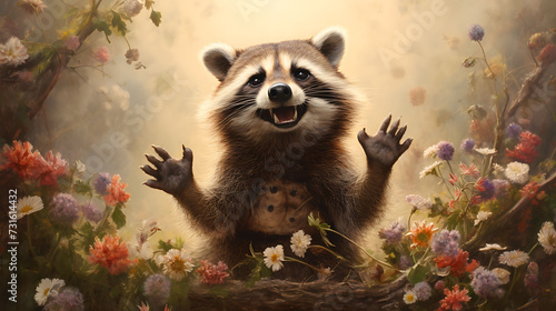 Portrait of happy raccoon rejoice with spring