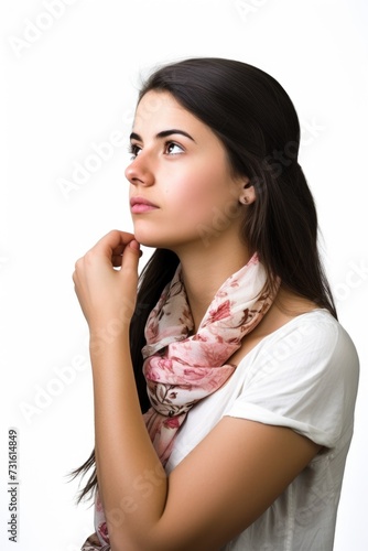 thoughtful young woman standing in the studio against a white background