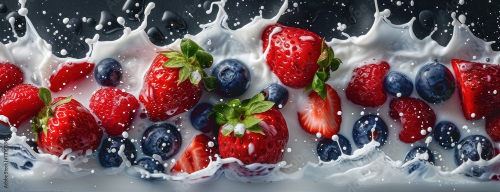 Strawberries and Blueberries Splashing Into a Glass of Milk Strawberries and Blueberries Splashing Into a Glass of Milk