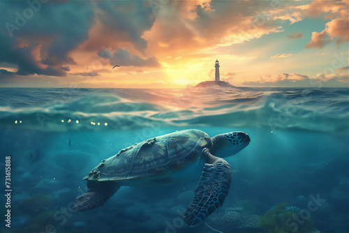 turtle and light house in the sea at sunset 