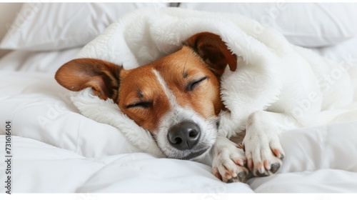 Peaceful dog sleeping on a comfortable white bed with a soft white blanket, leaving space for text.