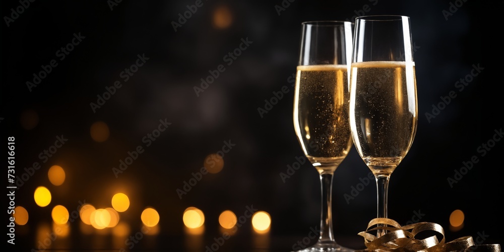 Glasses of champagne with serpentine streamers against blurred lights on black background. Space for text