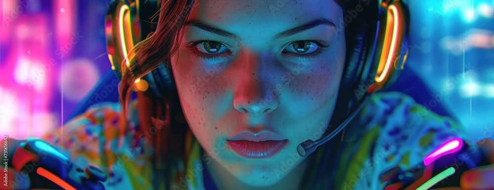 Woman gamer Wearing Headphones, Looking at the Camera Woman gamer Wearing Headphones, Looking at the Camera