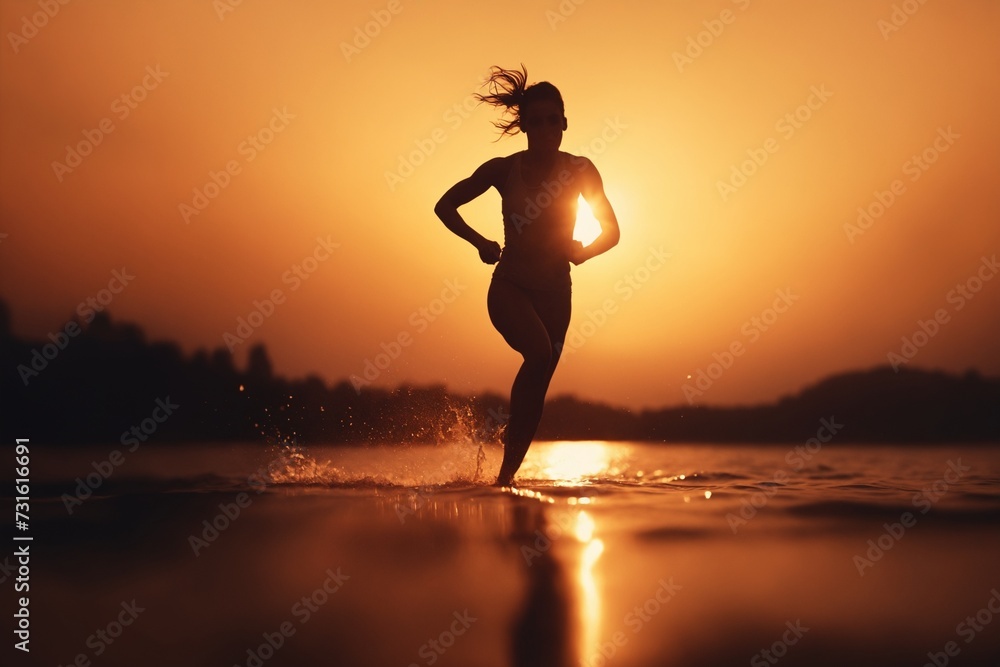 Young sporty girl running at sunset. Lifestyle sports motivation.