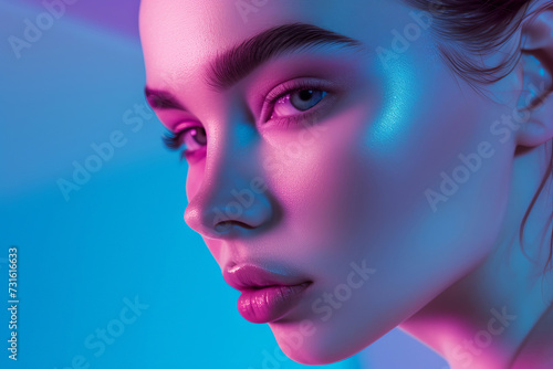 Vivid Portrait  Woman with Iridescent Glow in Pink and Blue Light
