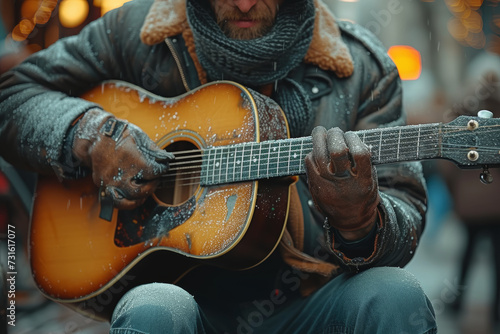 A street musician playing a guitar, the focus on the instrument and hands rather than the musician's face. Concept of anonymous musical expression. Generative Ai.