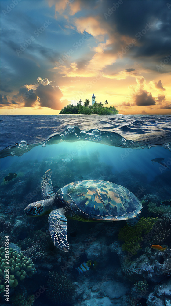 turtle and light house in the sea at sunset  