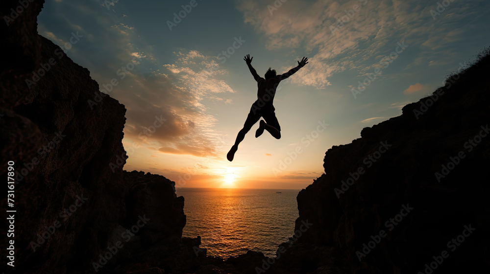 silhouette of a free man jumping from a cliff as an illustration of the happiness of joy freedom free will created with Generative AI Technology 