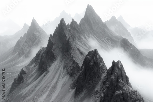 A series of mountain peaks in a monochromatic spectrum of cool grays, conveying the majestic and timeless nature of mountainous landscapes. Concept of monochrome mountain vistas. Generative Ai. photo