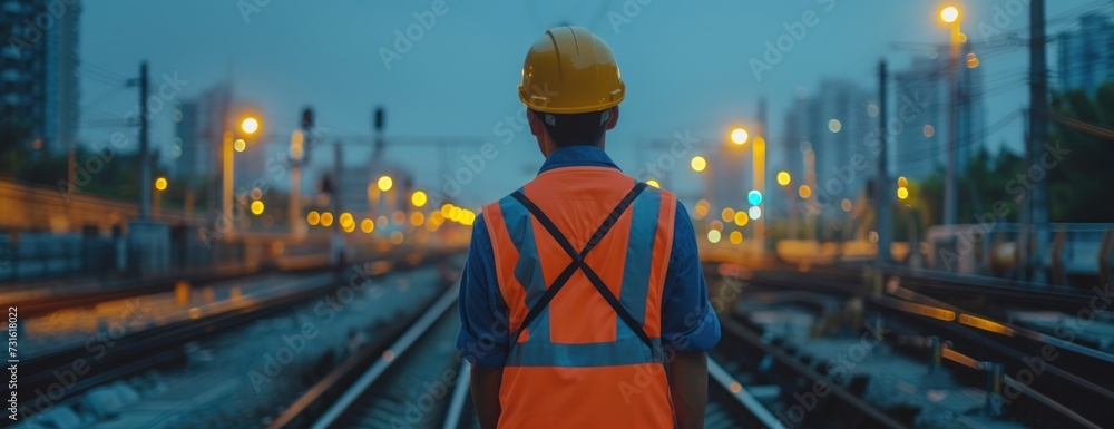 Obraz premium Man engineer under inspection and checking on Train Track