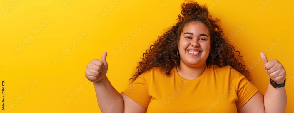 Woman plump plus size in Yellow Shirt Giving Thumbs Up - obrazy, fototapety, plakaty 