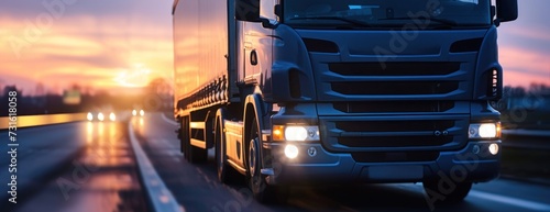 Semi Truck Driving on Highway at Sunset