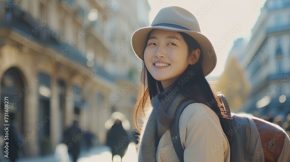 A happy Korean young female traveler walking on the streets of Europe in casual attire. generative AI A happy Korean young female traveler walking on the streets of Europe in casual attire. generative AI