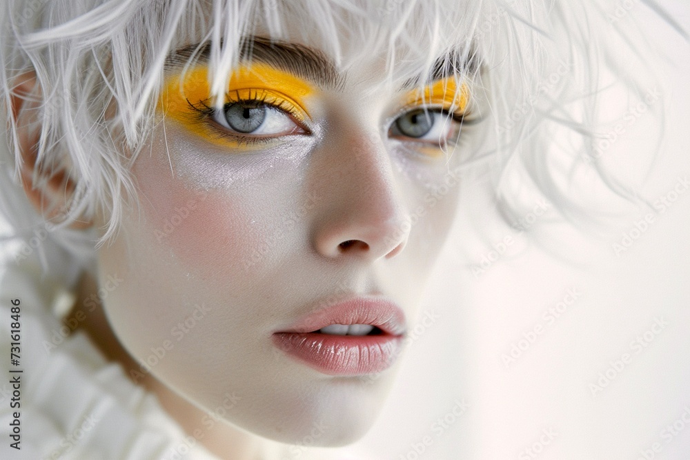Beautiful girl with white hair and white skin in white sweater on white background with bright yellow makeup