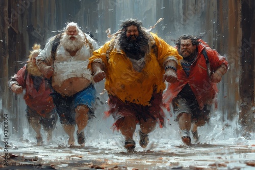 A group of fat people are running in the park. The concept of obesity