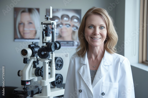 Mid 40's Caucasian woman optometrist smiling subtly while adjusting phoropter device in exam room, eye posters and model on counter beside her.
