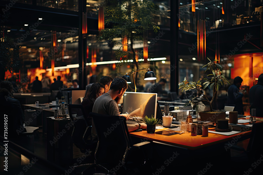 In soft glow of desk lamps and ambient lighting, professionals engage in diligent work at contemporary, plant-adorned co-working space, capturing essence of collaborative productivity after hours - obrazy, fototapety, plakaty 