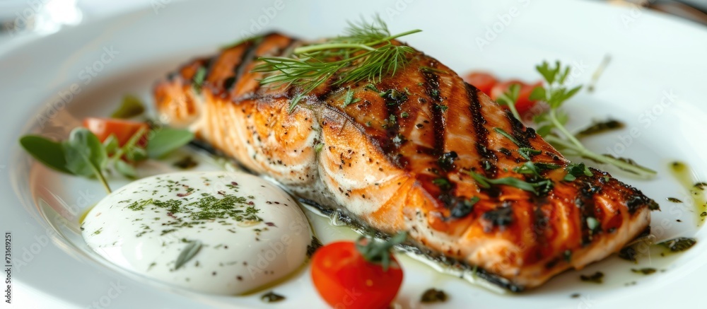 Oven-baked Dijon salmon in lemon cream sauce with veggies, healthy and omega-3. Oven-baked Dijon salmon in lemon cream sauce with veggies, healthy and omega-3.