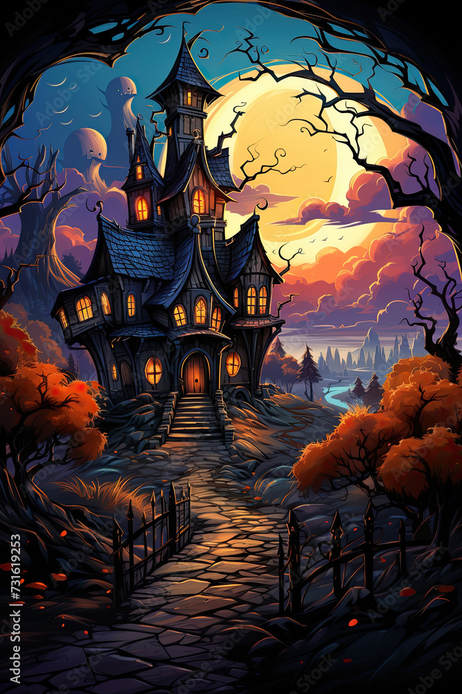 Picturesque house against a backdrop of a full moon, creating a serene and atmospheric scene.