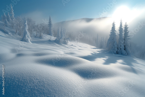 A serene winter landscape in varying tones of white and gray, highlighting the tranquility and purity of snow-covered scenery. Concept of monochromatic winter wonderland. Generative Ai. © Sebastian
