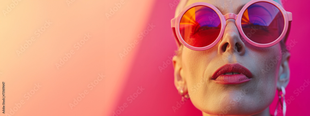 Portrait of good looking senior woman wears spectacles bright makeup looks at camera with pleased expressionisolated over colorful background. People age concept. Image of a beautiful and elegant old Portrait of good looking senior woman wears spectacles bright makeup looks at camera with pleased expressionisolated over colorful background. People age concept. Image of a beautiful and elegant old