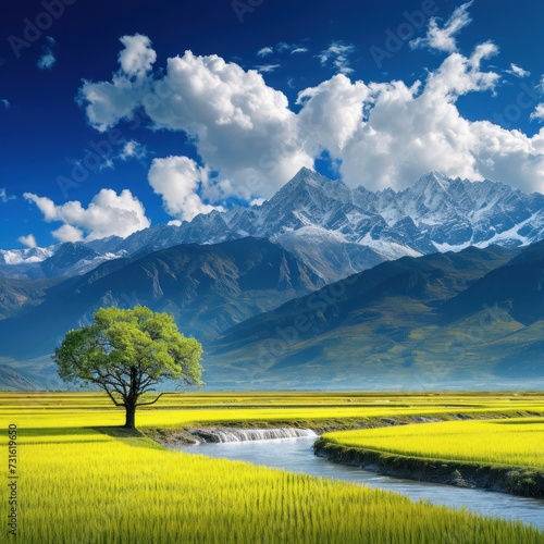 The tree object stands tall and lush among the vast expanse of fields with a stunning cloudy mountain backdrop in spring, good for advertisements, blogs, wallpapers, etc. Generative Ai