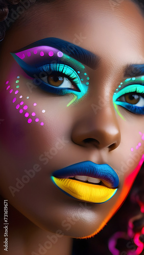 Bright neon makeup on an African-American girl.